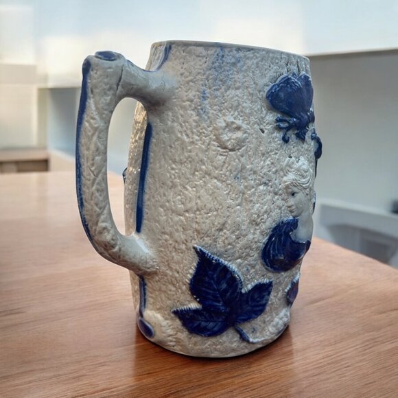 Antique Blue & White Relief Pitcher With Floral & Woman Design - Picture 4 of 10